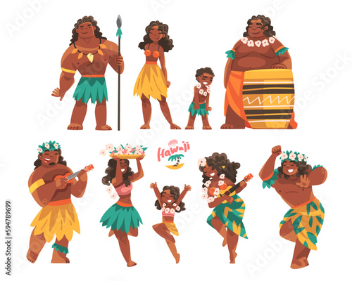 Hawaiian People Character with Lei Garland or Wreath Playing Ukulele and Hula Dancing Vector Set