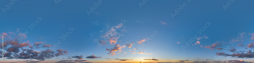 sunset sky with evening clouds as seamless hdri 360 panorama view with zenith in spherical equirectangular format for use in 3d graphics or game development as sky dome or edit drone shot