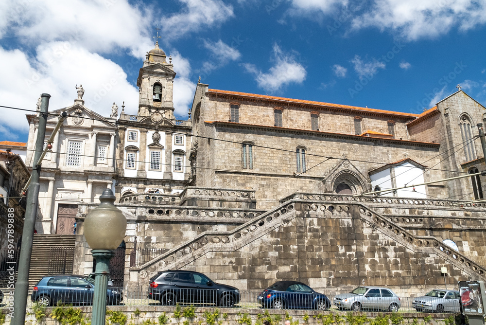 Oporto, Portugal. April 12 , 2022: Architecture and facade of San Francisco church with blue sky.