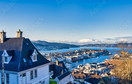 Aerial panorama shot of Bergen city during sunset on a beautiful winter day, Norway