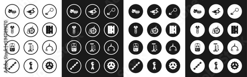 Set Bicycle rear view mirror, parking, Metallic screw, shoes, lane, pedals, brake calipers and rental mobile app icon. Vector