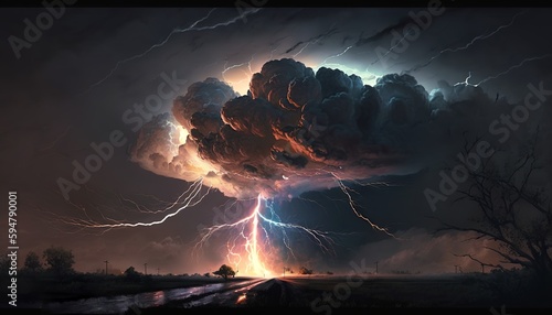 Mystical thunderstorm with huge lightning and dark clouds. Generative AI