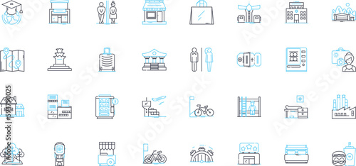 Digitized urbanization linear icons set. Smart city, Wi-Fi, Sustainability, Automation, Internet, Big data, Technology line vector and concept signs. Urbanism,Digitalization,Connectivity outline