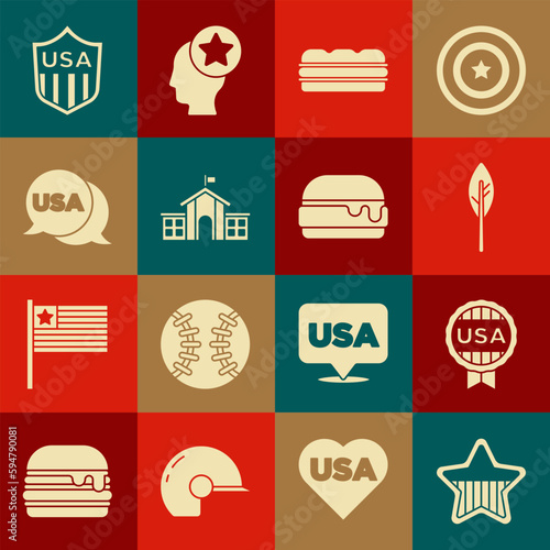 Set USA Independence day, Medal with star, Indian feather, Sandwich, United States Capitol Congress, Shield stars and Burger icon. Vector