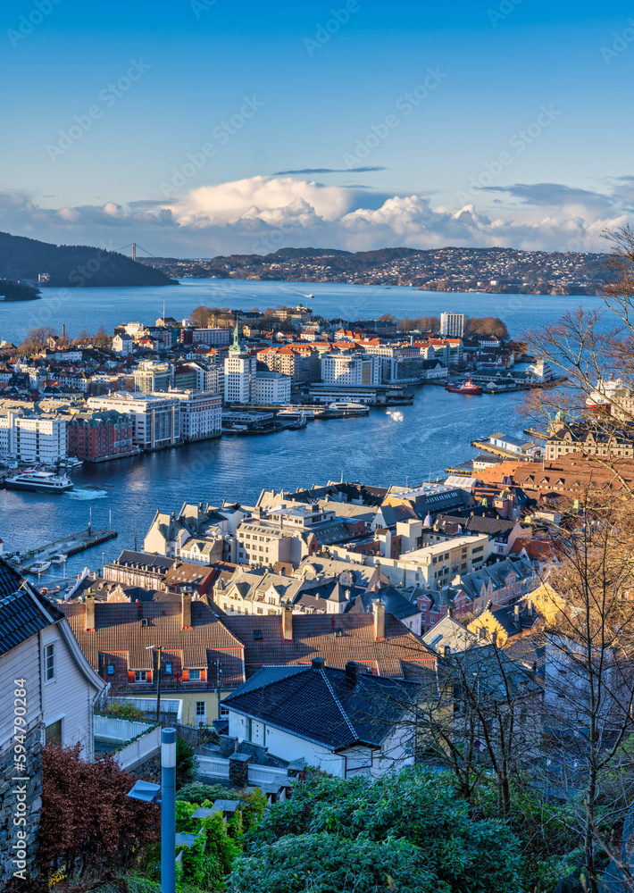 Aerial shot of Bergen city during sunset on a beautiful winter day, Norway