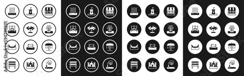 Set Shooting gallery, Swing car, Car tire hanging on rope, Swedish wall, Ferris wheel, Sand tower, Attraction carousel and Boat swing icon. Vector