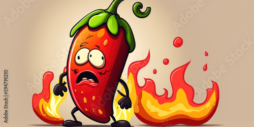 A cartoon chili pepper with a fiery expression  featuring bright red tones and a few green leaves sticking out from the top. . Generative AI