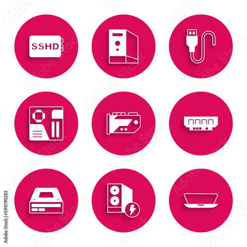 Set Video graphic card, Case of computer, Laptop, RAM, random access memory, Optical disc drive, Motherboard digital chip, USB cable cord and SSHD icon. Vector