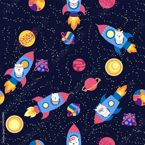 Seamless pattern with lama in a rocket, in space. Lama travels, adventures among the stars. Cute pattern with alpaca