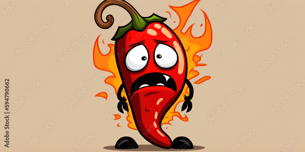 A cartoon hot spicy chili pepper with a bright red color, wearing a green leafy top, and an intense expression on its face. . Generative AI