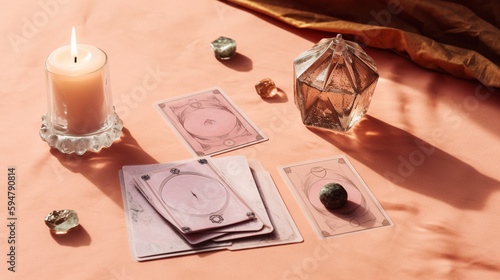 Pink Tarot and Oracle Card Backs on Pink Pastel Backgrounds in a FlatLay Spread with Healing Crystals, Stones, and Candles for a Reading and Divination - Generative AI