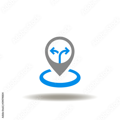 Vector illustration of location map marker with way arrows. Icon of road navigation. Symbol of navigator.
