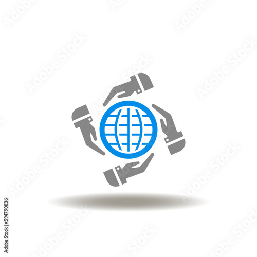 Vector illustration of hands care globe sign. Icon of ESG. Symbol of earth planet save and protection.