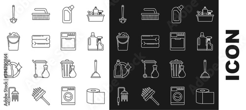 Set line Toilet paper roll, plunger, Plastic bottles for liquid dishwashing liquid, Towel stack, Bucket with foam and bubbles, brush and Washer icon. Vector