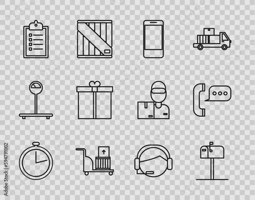 Set line Stopwatch, Mobile phone with app delivery tracking, Electric hand truck and boxes, Verification of list clipboard, Gift, Support operator touch and Telephone speech bubble chat icon. Vector