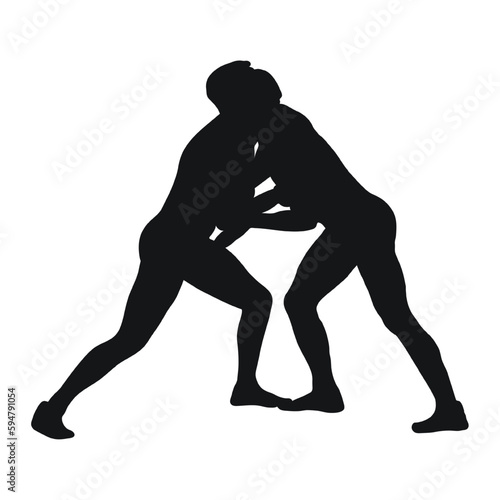 Vector black silhouette of a wrestler athlete in wrestling, duel, fight, struggle, combating. Greco Roman, freestyle wrestling, martial art, sportsmanship.