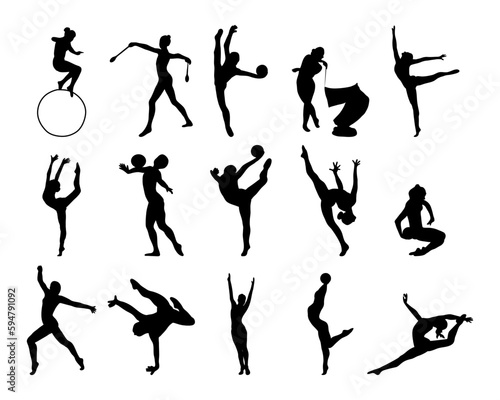 Set of silhouettes of gymnasts. Sport artistic gymnastics. Sports queen. Flat style. Isolated vector