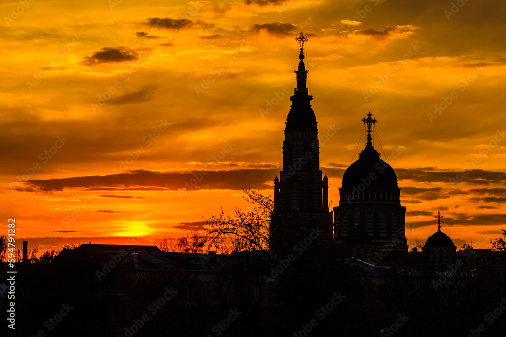 View of the Annunciation cathedral against sunset. Kharkiv, Ukraine