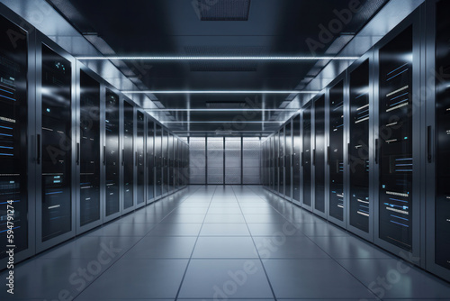 Rows of server racks in a data center room, equipped with advanced hardware and software for efficient data processing. The high-tech infrastructure ensures reliable performance. Is AI Generative.