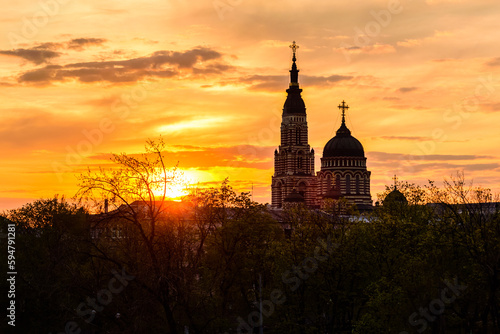 View of the Annunciation cathedral against sunset. Kharkiv, Ukraine