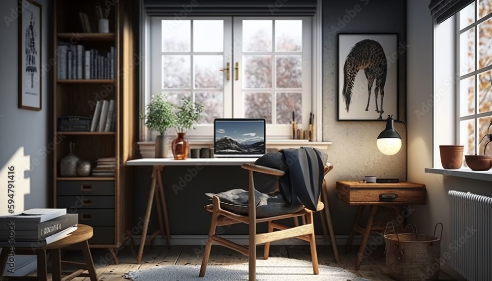 Fototapeta premium Scandinavian interior style study room with laptop and desk. Generative AI