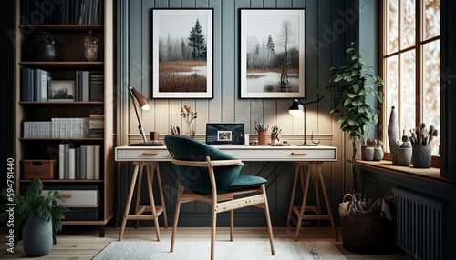 Scandinavian interior style study room with laptop and desk. Generative AI © Csaba