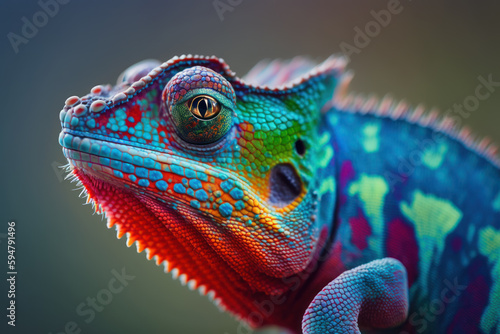 A close-up shot of a vibrant chameleon lizard showcasing its incredible color changing ability, with vibrant hues of red, yellow, green, and blue on display. . Generative AI © INORTON