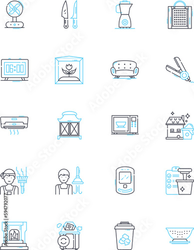 Domestic engagement linear icons set. Commitment, Partnership, Devotion, Union, Family, Loyalty, Love line vector and concept signs. Intimacy,Communication,Understanding outline illustrations