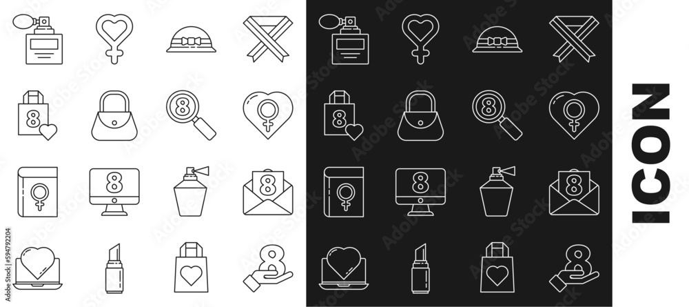 Set line 8 March on hand, Envelope with, Female gender in heart, Elegant women hat, Handbag, Shopping, Perfume and Search icon. Vector Set line 8 March on hand, Envelope with, Female gender in heart, Elegant women hat, Handbag, Shopping, Perfume and Search icon. Vector