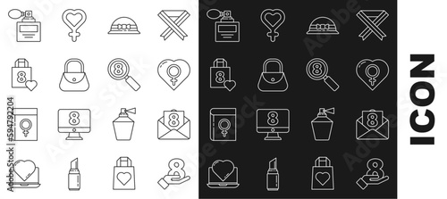 Set line 8 March on hand, Envelope with, Female gender in heart, Elegant women hat, Handbag, Shopping, Perfume and Search icon. Vector