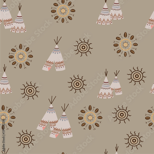 Hand-drawn cute seamless pattern with teepee tents. Traditional native conical tent with ornaments. 