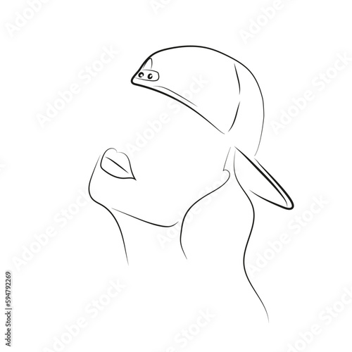 lineart of a rebel girl with a cap dressed upside down, vector illustration