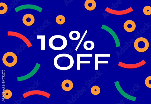 10% off exhibition banner with geometric shapes in blue and yellow colors