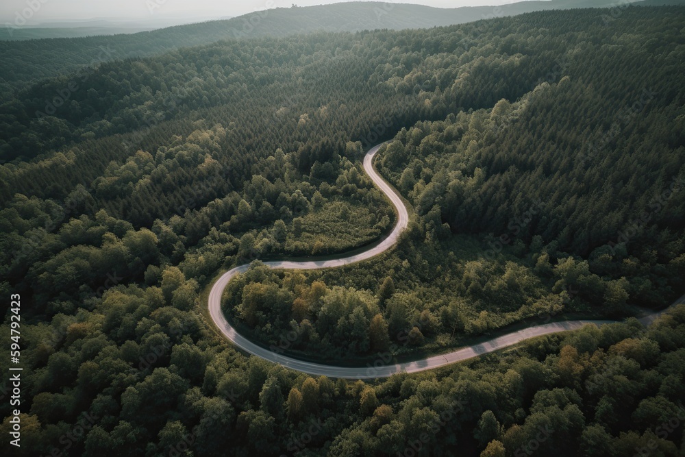 Aerial photo of a road winding through a forest during golden hour, sunset Aerial photo of a road winding through a forest during golden hour, sunset