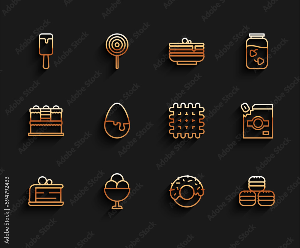 Set line Piece of cake, Ice cream in bowl, Donut, Macaron cookie, Chocolate egg, Candy packaging for sweets and Cracker biscuit icon. Vector Set line Piece of cake, Ice cream in bowl, Donut, Macaron cookie, Chocolate egg, Candy packaging for sweets and Cracker biscuit icon. Vector