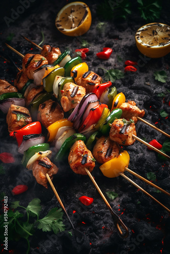 Summer BBQ with chicken kebabs on skewers over hot coals with flames.  Generative AI.