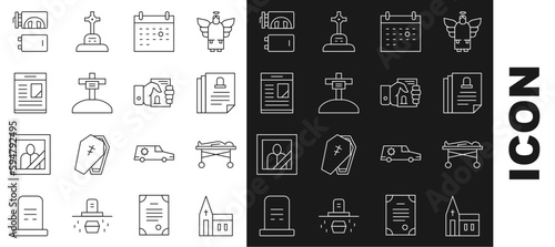 Set line Church building, Dead body the morgue, Death certificate, Calendar death, Grave with cross, Obituaries, Crematorium and hand icon. Vector