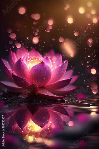 A stunning and enchanting pink lotus flower floats gracefully on the glistening surface of the water. Its dazzling burst of shine emits a magical aura that illuminates its surrounding. . Generative AI