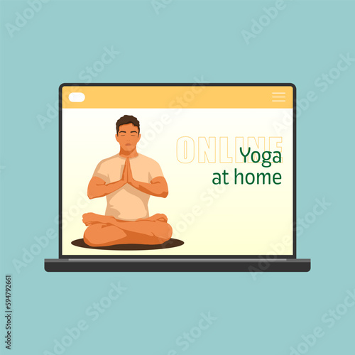 Yoga man on laptop screen. Men's yoga online in retro style.