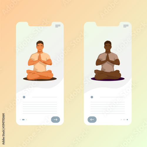 Yoga men on phone screen mockup. Men's yoga online. Yoga app mockup. African man in lotus position.