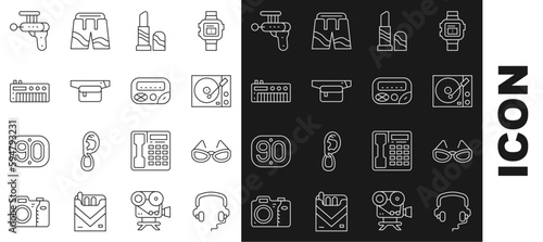 Set line Headphones, Glasses, Vinyl player, Lipstick, Waist bag of banana, Music synthesizer, Ray gun and Pager icon. Vector