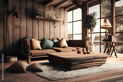 Rustic coffee table and sofa in the lounge area with wooden walls - generative ai