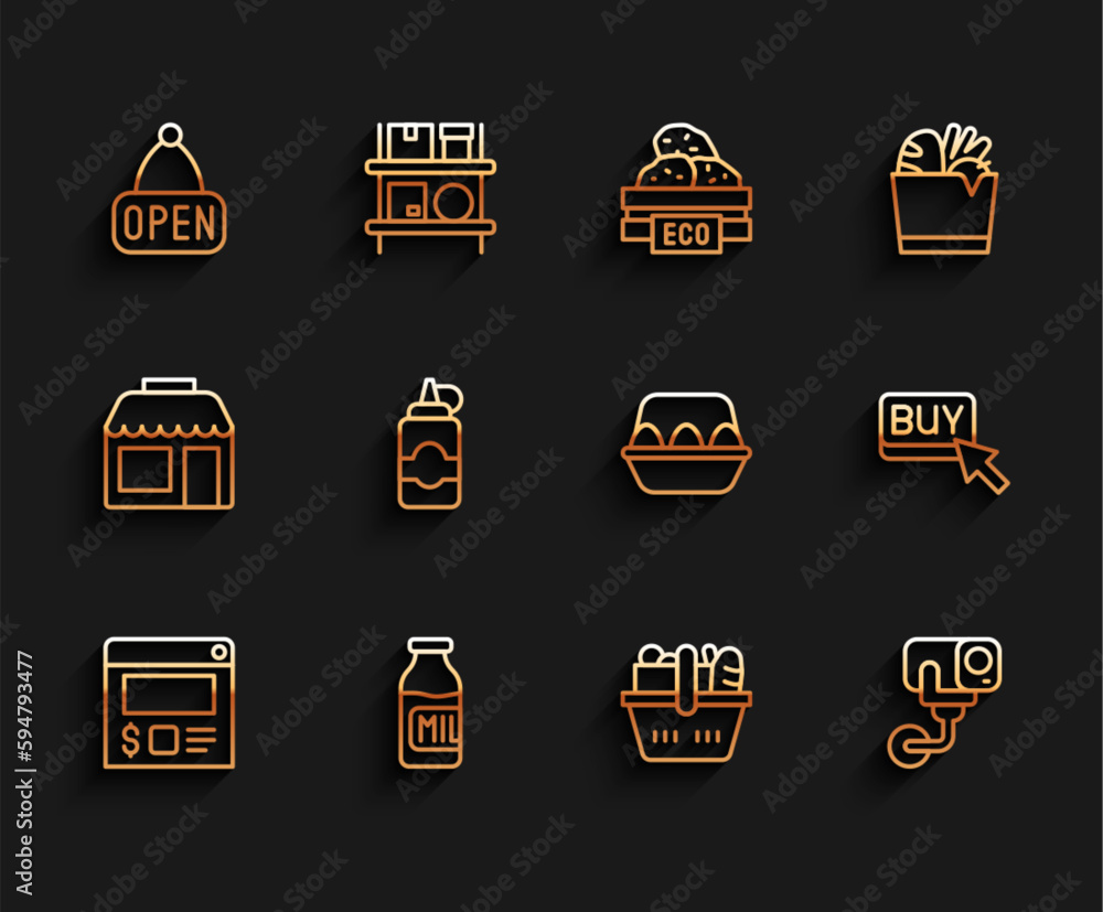 Set line Online ordering and delivery, Bottle with milk, Hanging sign Open, Shopping basket food, Security camera, Sauce bottle, Buy button and Chicken egg box icon. Vector Set line Online ordering and delivery, Bottle with milk, Hanging sign Open, Shopping basket food, Security camera, Sauce bottle, Buy button and Chicken egg box icon. Vector