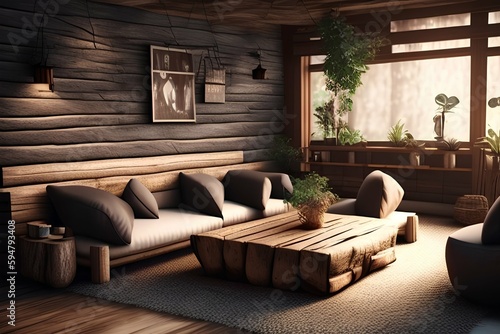 Rustic coffee table and sofa in the lounge area with wooden walls - generative ai © unalcreative