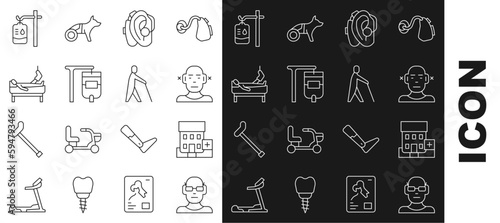 Set line Poor eyesight, Medical hospital building, Deaf, Hearing aid, IV bag, Patient with broken leg, and Blind human holding stick icon. Vector