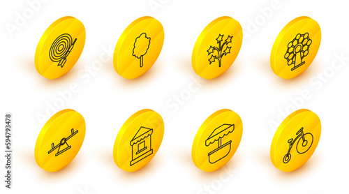 Set line Vintage bicycle with one big wheel and one small, Attraction carousel, Ticket box office, Seesaw, Ferris, Fireworks, Cotton candy and Classic dart board arrow icon. Vector