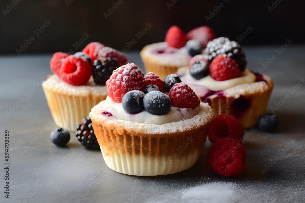 Cupcakes with cream and berries close up. Delicious dessert. Generative AI. Cupcakes with cream and berries close up. Delicious dessert. Generative AI.