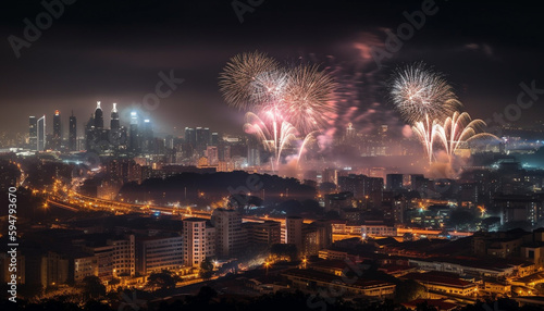 City skyline ignited with vibrant fireworks display generated by AI