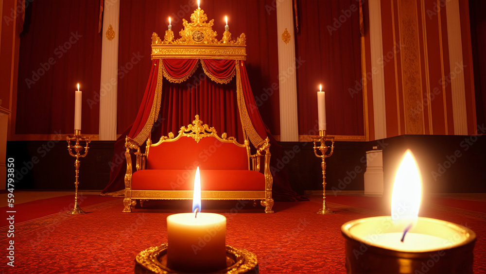 empty royal throne with red material in castle room with burning candles, generative AI empty royal throne with red material in castle room with burning candles, generative AI