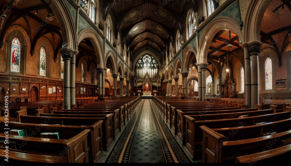 Catholicism ancient spirituality illuminated in Gothic architecture generated by AI